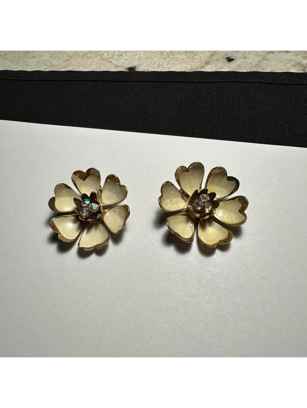 Vintage Coro Enamel & Rhinestone Flower Gold Tone Clip On Earrings Signed